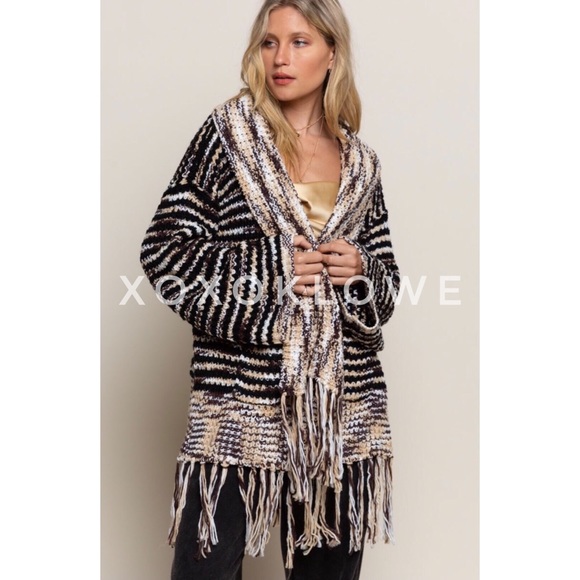 POL Sweaters - POL Brown & Tan Open Front Cardigan Tassel Fringe Relaxed Fit